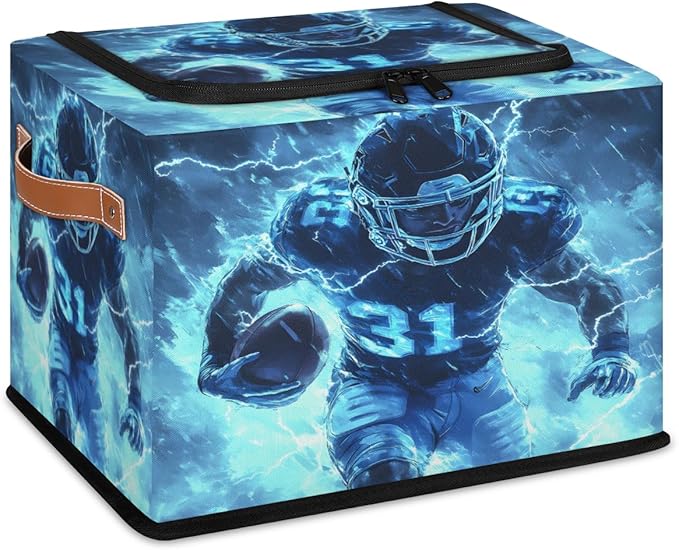 Football Storage Box with Lid American Football Player Collapsible Storage Bins Baskets Cubes Closet Shelf Clothes Organizer Containers with PU Leather Handles