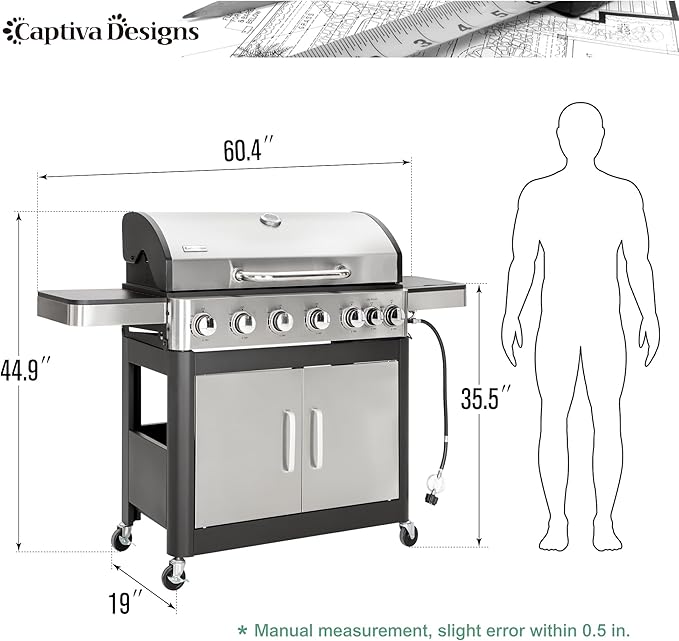 Captiva Designs 6-Burner Propane Gas BBQ Grill with Side Burner &amp Porcelain-Enameled Cast Iron Grate for Outdoor Kitchen &amp Backyard Barbecue 65800 BTU Output665 SQ.IN. Cooking AreaStainles