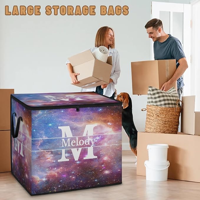 Custom Name Large Clothes Storage Organization with Lids Kids Toys Bin Shelf Basket Bedding Clothes Storage Bin for Nursery Gift Basket Space Universe Galaxy Background with Initial Letter