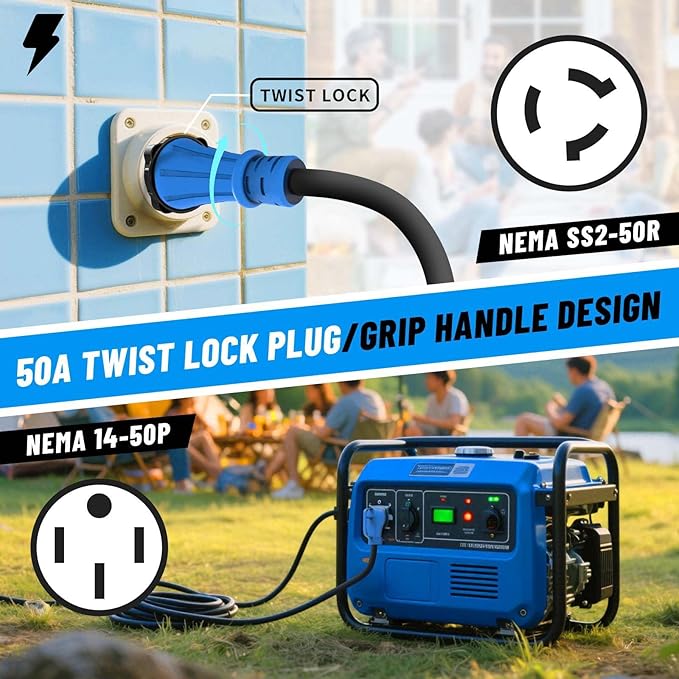 50 Amp Generator Cord 50FT 50 Amp RV Extension Cord with Twist Lock NEMA 14-50P to SS2-50R Heavy Duty 6/3+8/1 AWG STW Wire for RV Trailer Campers ETL Listed (50FT)