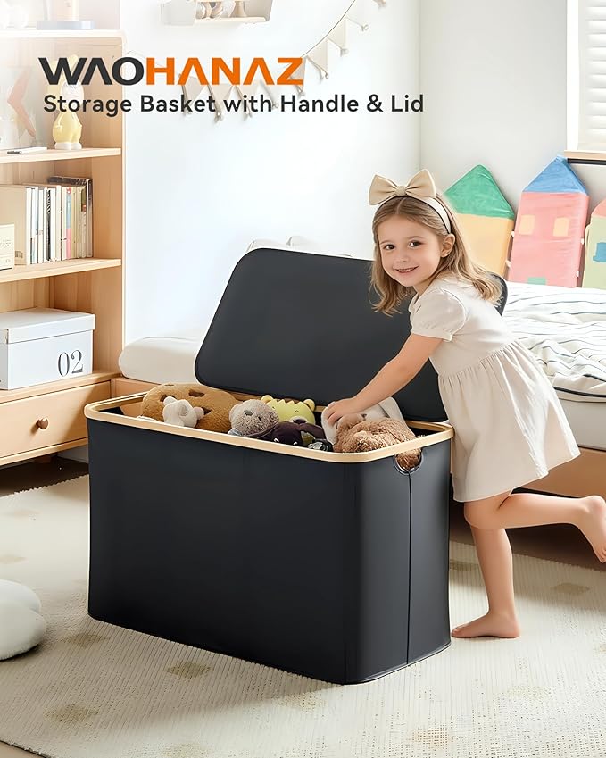 Storage Basket with Lid and Handles 135L Fabric Bin with Divider for Shelf Closet Toy Organization Collapsible Storage Organizer for Home Black