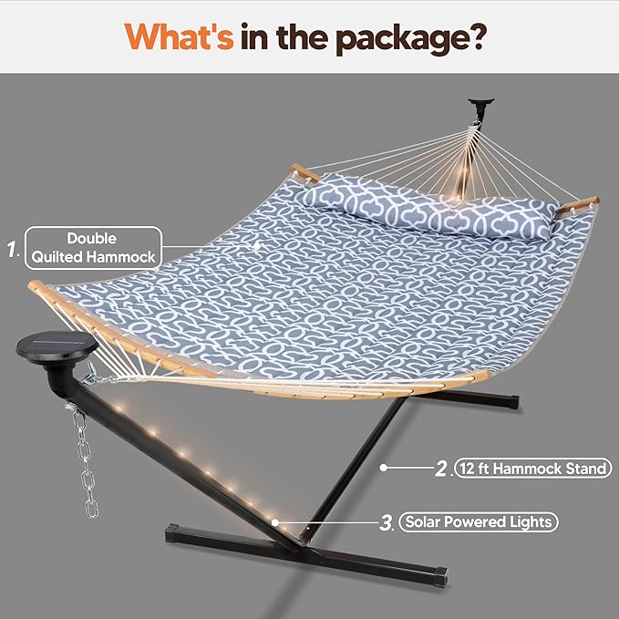 SUNCREAT Double Outdoor Hammock with 12 ft Stand Solar Powered Lights 2 Person Hammocks for Outside Grey