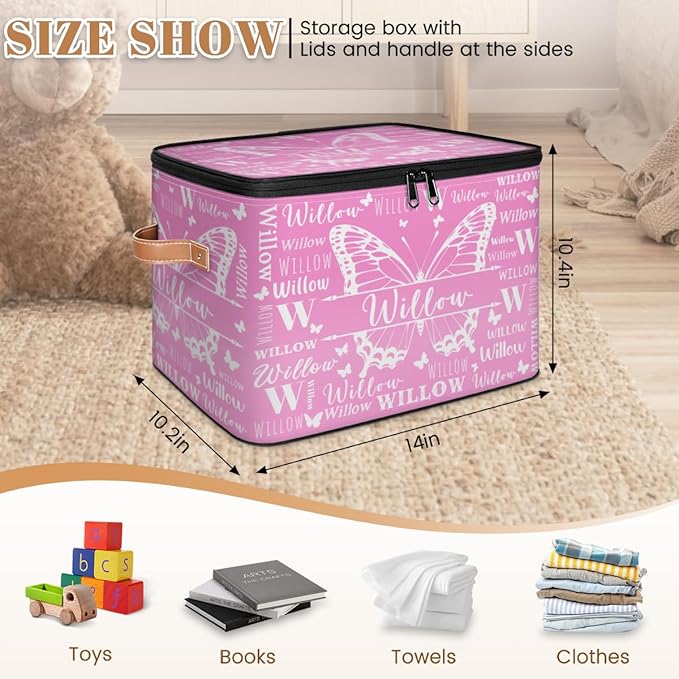 Custom Storage-Box With Name Personalized Butterfly Keepsake Basket with Zipper Lid for Kids Memory Bin Foldable Fabric Large Capacity Containers with Handle