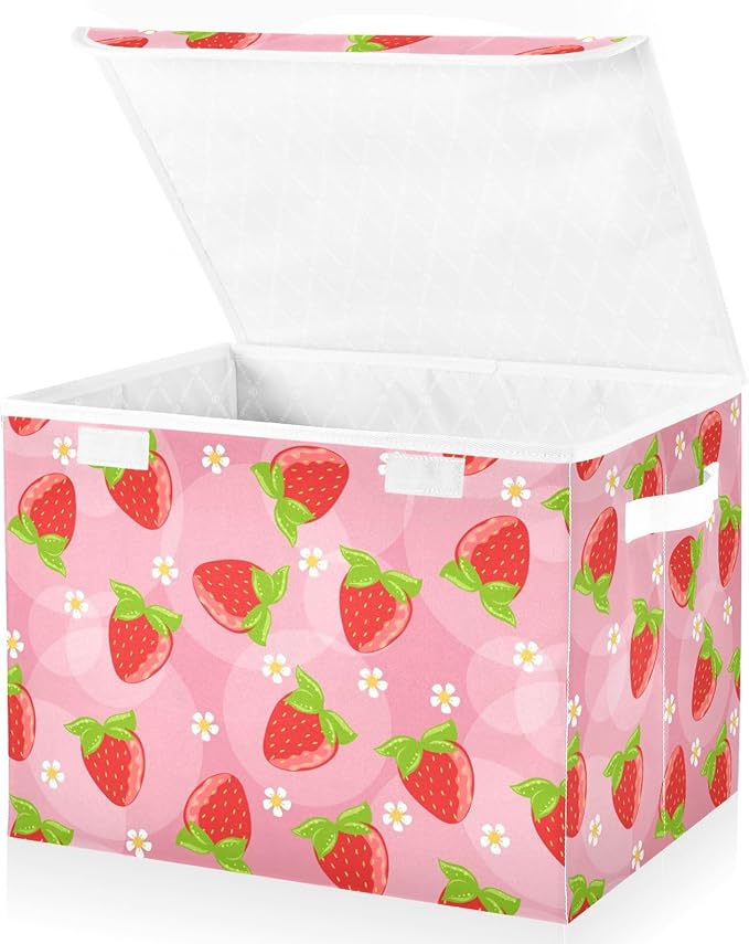 Storage Box Strawberry Fruits Closet Storage Bins with Lids Foldable Oxford Fabric Storage Box for Home Bedroom Closet Office (16.5x12.6x11.8 in)
