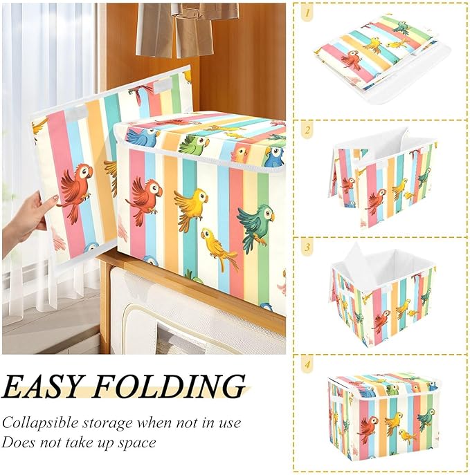 Cute Parrots Storage Cube Bins Basket with Lid Collapsible Flip-top Fabric with Handle for Home Bedroom Closet Office 16.5×12.6×11.8 in