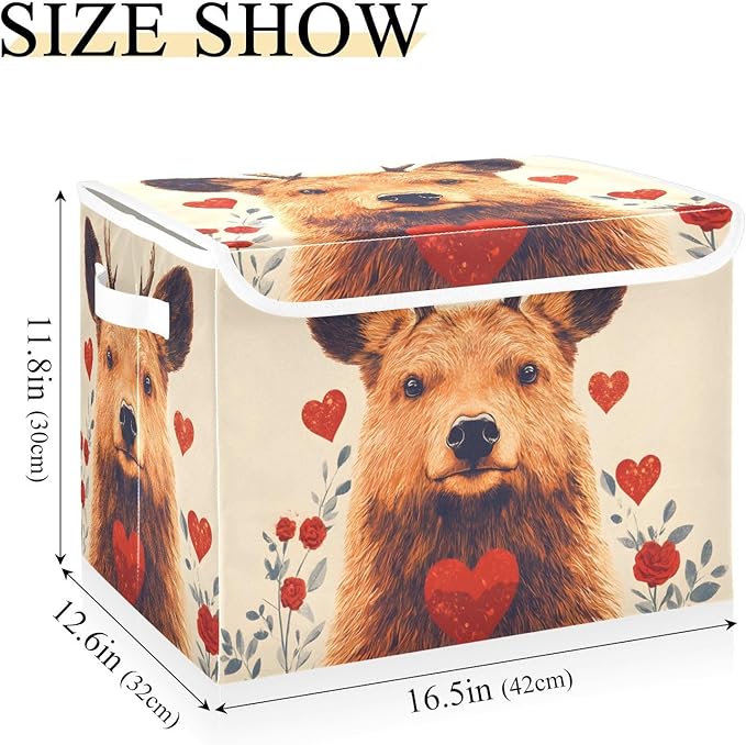 AIXIWAWA Lidded Storage Cube (Cute Deer Heart) Fabric Foldable Closet Bins with Flip Lid and Handles Organizer Basket Container 16.5 x 12.6 x 11.8 IN