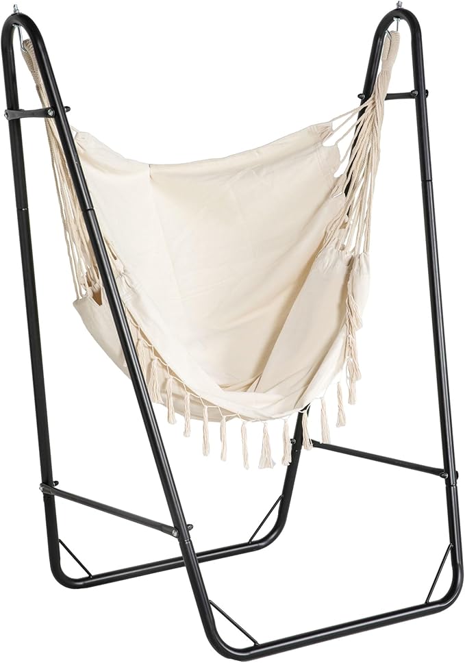 Outsunny Patio Hammock Chair with U Shape Stand Outdoor Hammock Swing Hanging Lounge Chair with Side Pocket Black/Cream White