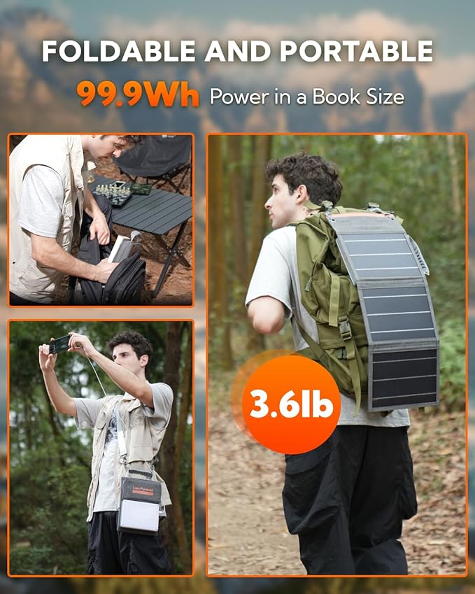Lumopal Portable Solar Charger 99.9 Wh Battery Bank Equipped with 24W Foldable Solar Panels and 600 Lumen Adjustable LED Camping Light 65W PD USB-C 22W QC3.0 USB A Output for Outdoor