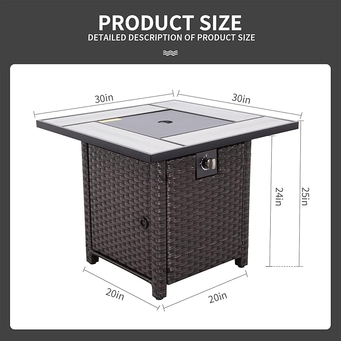 Outdoor Propane Fire Pit 30 Inch PE Wicker Patio Firepit Table with Fire Glass for Outside Parties and Gatherings on Garden Backyard Porch
