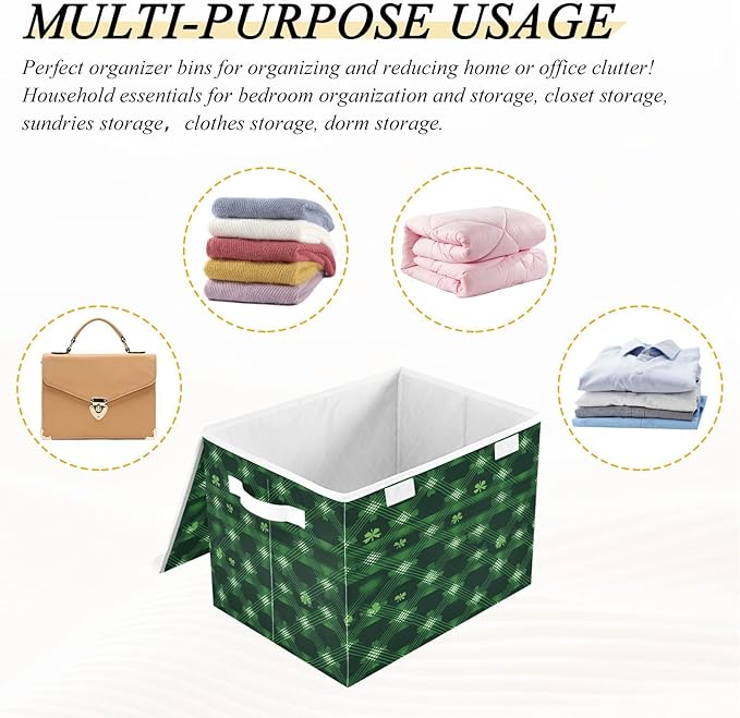 Clover Plaid Fabric Storage Bins with Lids and HandleFoldable Storage Bins with LidsCloset Organizers for Clothes Storage Room Organization Office Storage Chest Organizer