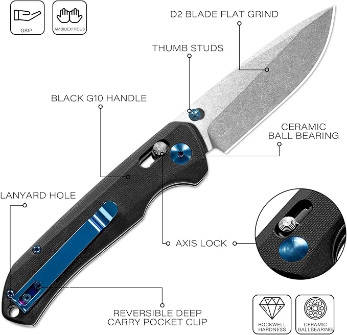 Dispatch Axis Lock Folding Pocket Knife with Clip 3.46 D2 Steel Drop Point Blade and G10 Handle Crossbar Lock Knives for Men Women Camping Hiking Survival Pocketknife