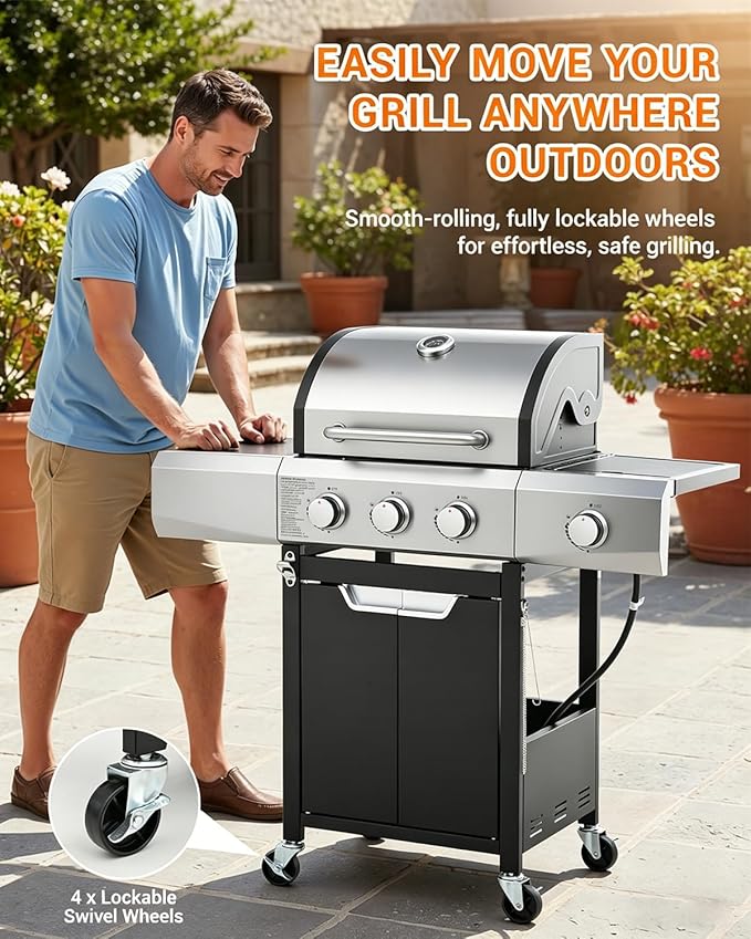 EUHOME 40500 BTU 3-Burner Propane Gas Grill with Side Burner Stainless Steel Outdoor BBQ Grill with 380 sq.in Cooking Space 4 Swivel Casters &amp Cast Iron Grates for Patio Backyard Garden