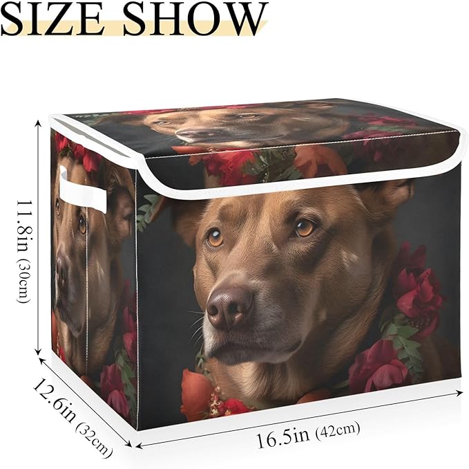 Red Floral Dog Storage Cube with Lid Collapsible Flip-top locker Fabric Storage Bins Basket with Handle for Home Bedroom Closet Office 16.5×12.6×11.8 in