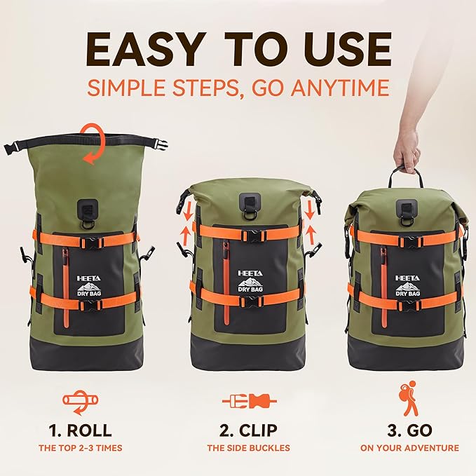 HEETA Dry Bags Waterproof Backpack 40L for Men &amp Women Roll Top Heavy Duty Cushioned Hiking Backpack for Kayaking Boating Paddle Boarding Fishing Travel Camping Beach Vacation Cruise Ship Essenti