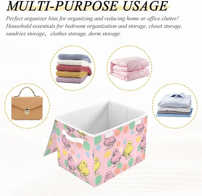 Cartoon Chicken Storage Cube Bins Basket with Lid Collapsible Flip-top Fabric with Handle for Home Bedroom Closet Office 16.5×12.6×11.8 in