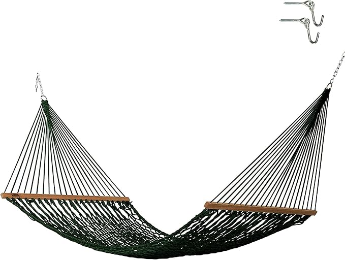 Hatteras Hammocks Large Green DuraCord Rope Hammock – 13 ft. x 55 in. 2-Person 450 lb Capacity Cumaru Spreader Bar Zinc-Plated Hardware – Handcrafted in The USA