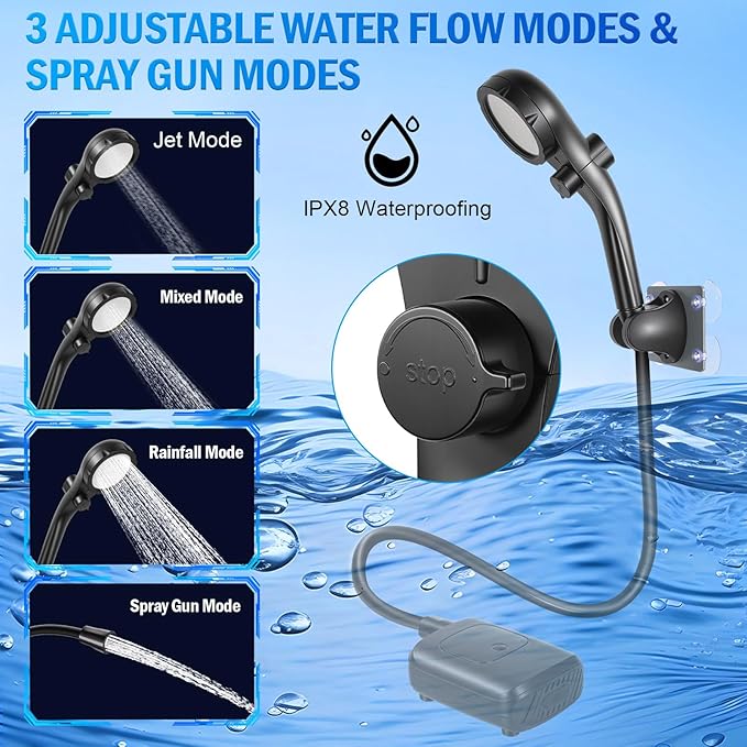 HEEPDD Portable Camping Shower Compact Outdoor Shower Kit Rechargeable with Digital Power and Temperature Display for Camping Beach Travel Pet