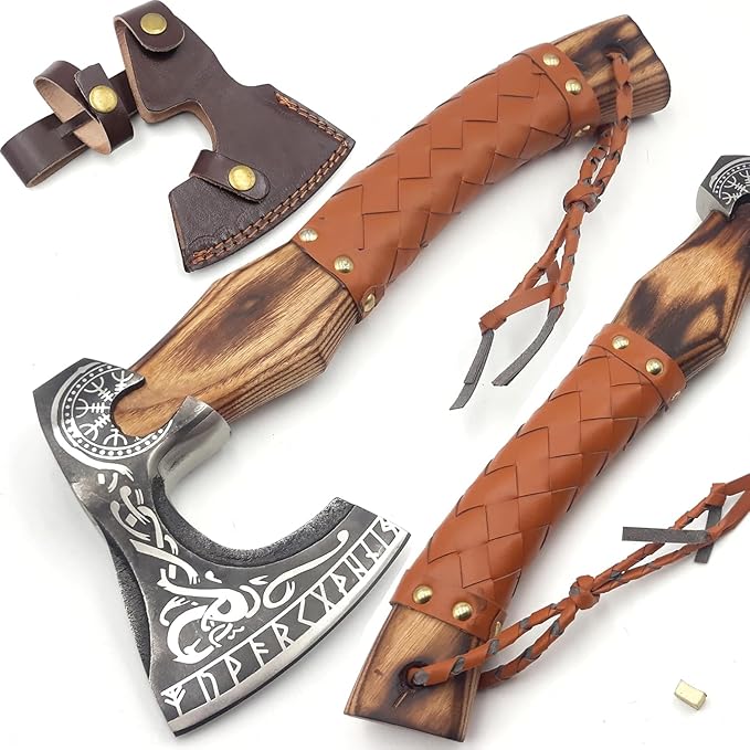 Custom Handmade Carbon Steel Real Viking Axe HatchetCamping Axe Birthday Gift for him Leather Wrapped Handle and Leather Sheath ((FM 20))