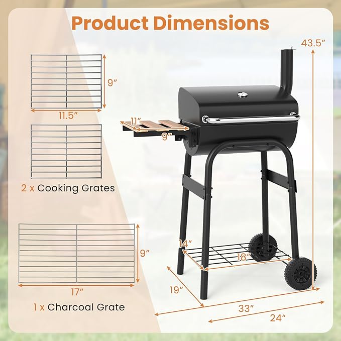 Giantex Portable Charcoal Grill with Foldable Side Table Outdoor BBQ Smoker Grill with Wheels Thermometer Adjustable Air Vent Bottom Shelf Barrel Barbecue Grills for Patio Camping &amp Tailgate