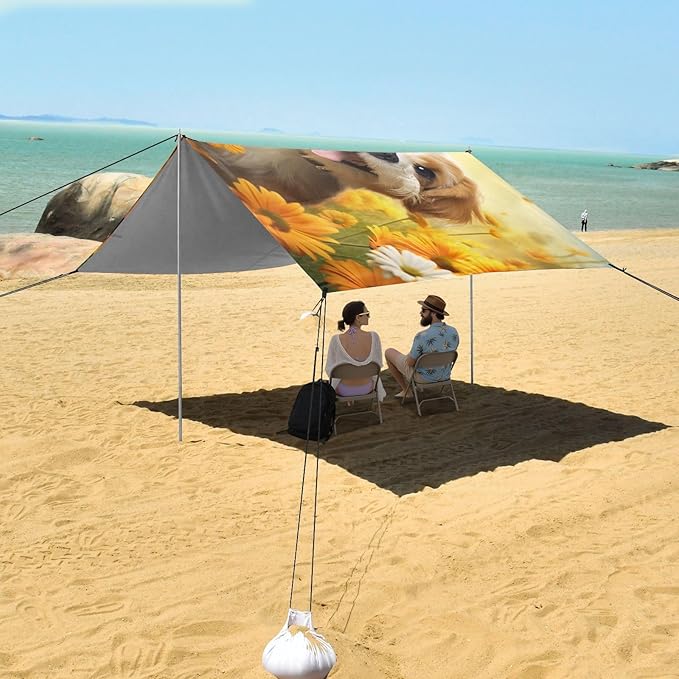 ALAZA Cute Puppy Dog Daisy Beach Tent Sun Shelter UPF50+ Protection Beach Shade Canopy w/ 4 Sandbags for Outdoor Camping Fishing Backyard Fun Picnic 10x9 ft