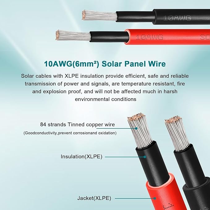 10AWG Solar Wire 6mm² 2 Pack 200FT Red &amp Black Solar Panel Cable 84 Strands Tinned Copper XLPE Insulated Outdoor Wire for PV Systems Inverter Battery RV Car Boat – Fire &amp UV Resistant