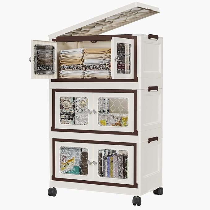 SunSettler Stackable Storage Bins with Lids Plastic Folding Cabinets with Doors and Wheels Collapsible Storage Bins for Closets Stackable Storage Organizer Storage Containers (3-Tier Transparent)