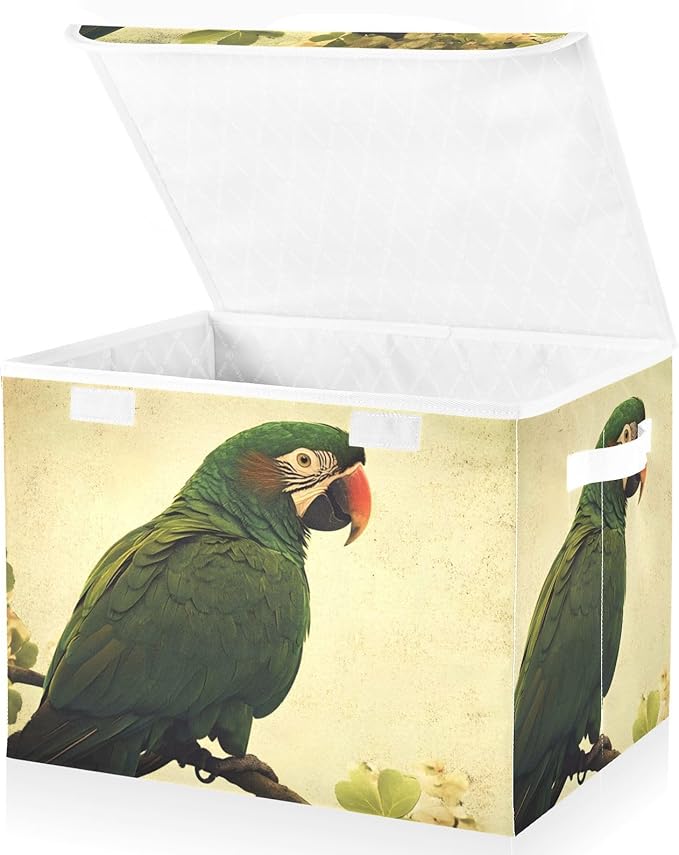Storage Cube with Lid Parrot Green Print 16.5×12.6×11.8 IN Collapsible Large Capacity Foldable Storage Basket Bin Organizer
