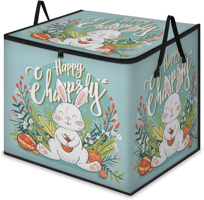 XL Large Clothes Storage with Lid Handle Spring Large Thick Clothes Blanket Storage Containers for Organizing Bedroom Closet Comforter Organization Storage Easter Rabbits
