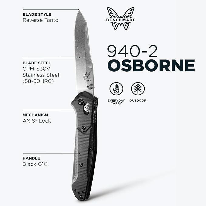 Benchmade - Osborne Every Day Outdoor Folding Knife Reverse Tanto Blade with Black G10 Handle (940-2)