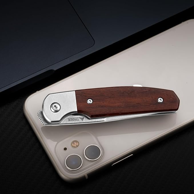 Small EDC Knife 2.8 Pocket Knife D2 Steel Point Blade Wood Handle - flipper Folding Knife for Men Women - Daily Carry Office Camping Hiking