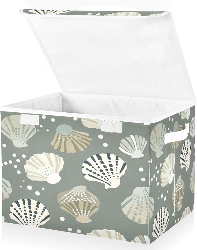 Storage Bins With Lid Stackable Fabric Closet Organizer Clothing Storage Large Boxes For Closet Shelves Bedroom Gray Seashell Pattern
