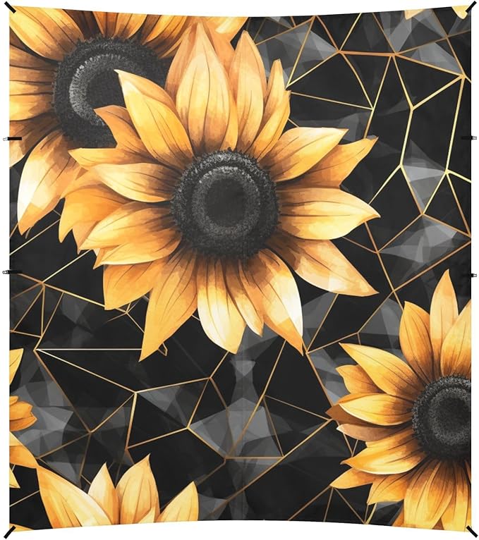 ALAZA Golden Polygonal Shape Watercolor Sunflower on Black Beach Tent Sun Shelter Portable Canopy Sunshade for Outdoor Camping Picnics Backyard Fun 10x9 ft
