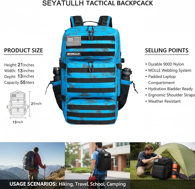 Military Tactical Backpack 55L for Men &amp Women Bug Out Bag Assault pack Molle Daypack Hiking Trekking Rucksack (Blue tie dye)