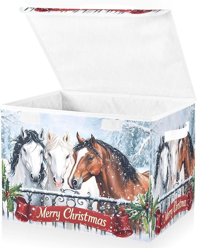 senya Christmas Baskets Collapsible Storage Bins with Lids Horses in The Snow Christmas Storage Boxes Clothes Baskets for Organizing