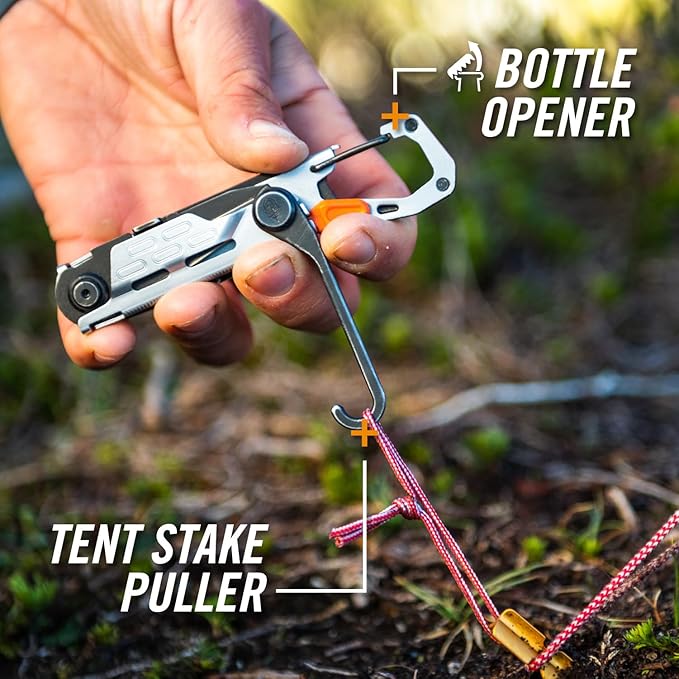 Gerber Gear Stake Out 11-in-1 Multi-tool 2.2 Plain Edge Blade Tent Stake Puller Carabiner Carry EDC Gear and Equipment Silver