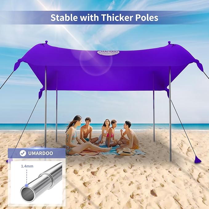 UMARDOO Family Beach Tent Canopy Sun Shade Portable Large Compact Beach Sun Shelter Easy Setup with Packable Bag for Outdoor Travel (Purple 12X12 FT. 4Poles)