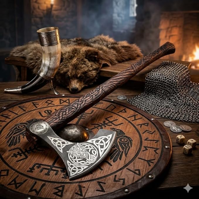 Virk Crafts 012 - Custom Hand Forged Viking Axe Real Tomahawk Viking Hatchet Beared Camping Axe 5160 HIGH Carbon Steel Blade Throwing Set Vintage Ax Viking Gift for Him - Viking Gifts