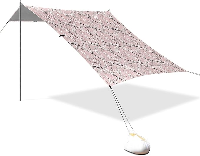 ALAZA White Cherry Blossom Flower Floral Beach Tent Sun Shelter UPF50+ Protection Beach Shade Canopy w/ 4 Sandbags for Outdoor Camping Fishing Backyard Fun Picnic 10x9 ft