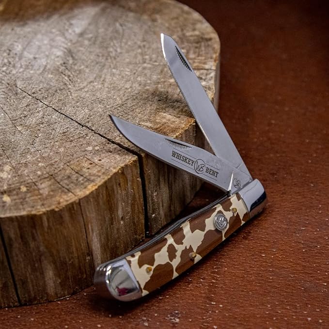 WHISKEY BENT HAT CO. Traditional Trapper Folding Pocket Knife 4.125 Closed Length 440C Stainless Steel Blades (Brown Hide)
