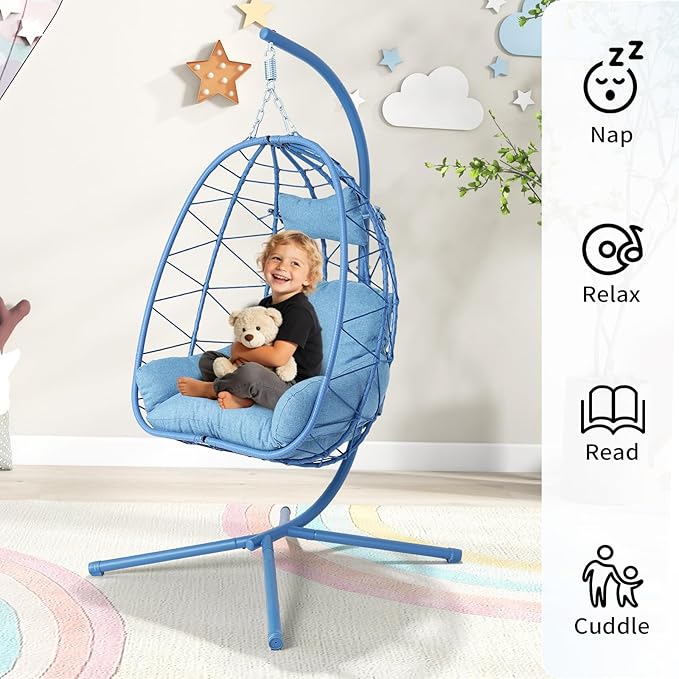 Hanging Egg Chair with Stand Outdoor Indoor Patio Rattan Swing Hammock Chairs with Washable Cushion PE Wicker Swing Chair for Backyard Bedroom Garden (Blue + Blue Cushion No Footrest)