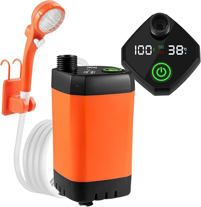 Portable Camping Shower 6000mAh Rechargeable - Outdoor Camp Shower Pump with Intelligent Digital Display for Hiking Travel Pet Bath Car Washing - Filtered Shower Head Multiple Spray Modes