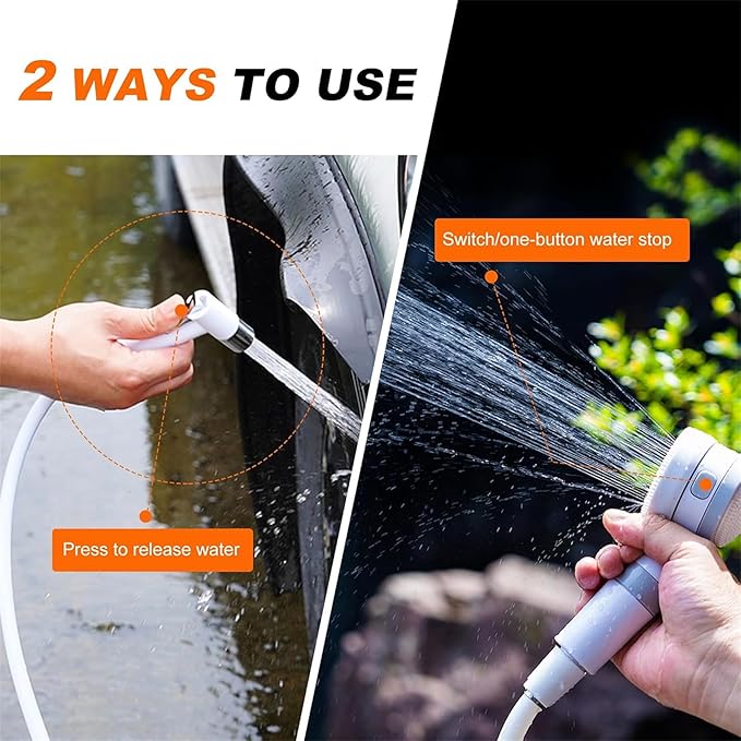 Portable Camping Shower with Rechargeable Pump – Adjustable Water Flow Built-in Cleaning Brush 60 Min Battery Life USB Charging Lightweight &amp Compact for Camping Hiking Beach &amp Pet Bathi