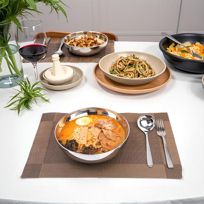 2 Pack 304 Stainless Steel Pasta Bowls 47oz Double Walled Insulated Soup Salad Bowls Unbreakable 8.7 Large Cereal/Ramen/Udon/Noodle/Pho Bowl Plates with 2 Spoons &amp Forks Dishwasher Safe
