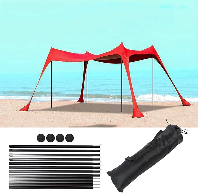Tall Beach Sun Shelter UPF50+ Stability Pop Up Tent for Camping Spacious &amp Versatile for Family Gatherings Blue Polyester with Iron Poles (Red)
