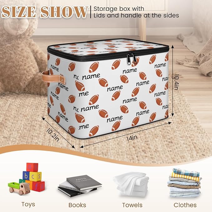 Custom Storage Bins with Zipper Lid Football Personalized Foldable Storage Baskets Brown Closet Shelf Clothes Organizer Cube with PU Leather Handles