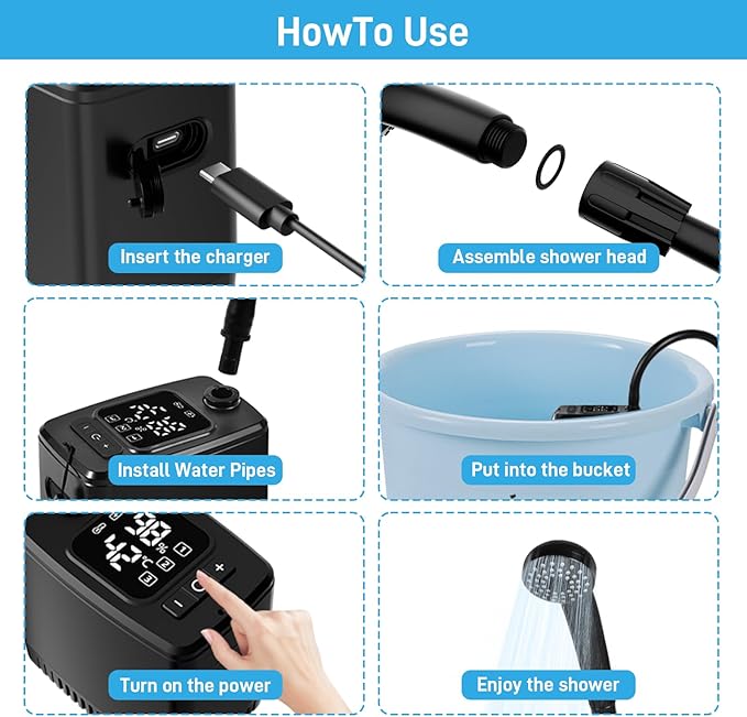 Portable Outdoor Electric ShowerTemperature and Battery Level Digital Display8000mAh BatteryIPX8 Waterproof and USB ChargingSuitable for Hiking/BackpackingOutdoor Camping ShowerBeachPets