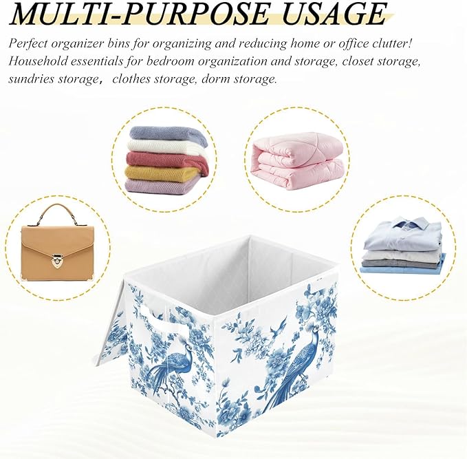 Collapsible Storage Bins with Lids Decorative Fabric Storage Cubes Closet Organizer and Storage Basket Boxes Containers for Clothes Box Chest Nursery Folding Rectangle Chinoiserie Peacock