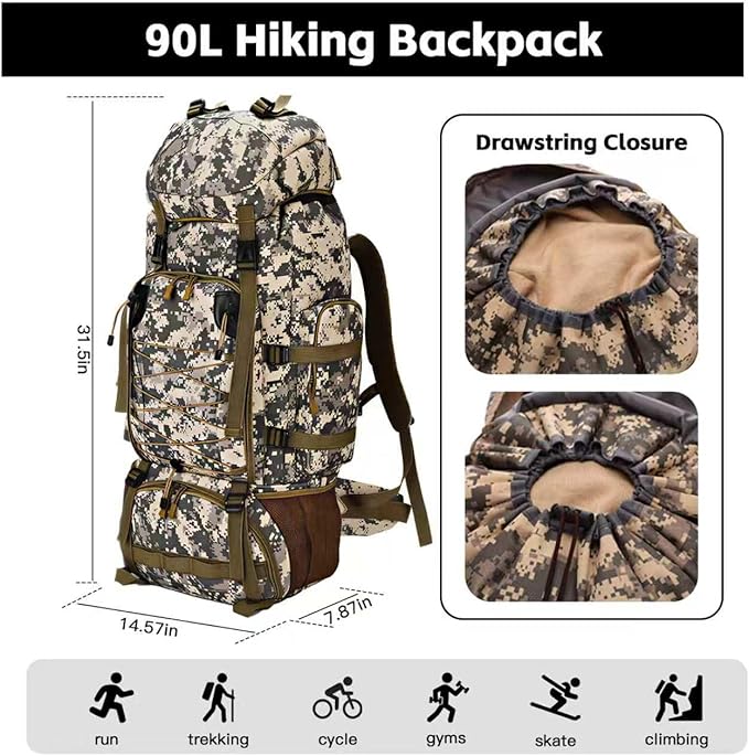 90L Camping Hiking BackpackMolle Military Tactical Rucksack BackpackWaterproof Lightweight Hiking Backpack (City Camo 90L)