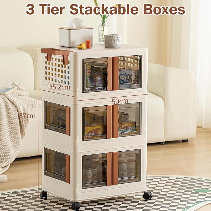 UHAPEEER 165Qt Stackable Storage Boxes with Lid 13.7Gal*3 Large Storage Bins with Wheels and Handle Plastic Storage Cabinet Collapsible Storage Bins with Front &amp Side Open Door for Closet Organi