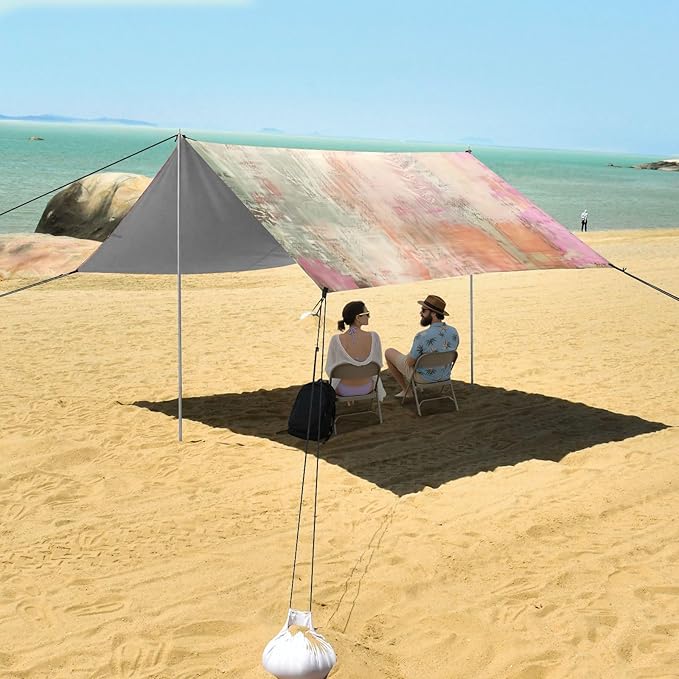 xigua Textured Pattern Beach Tent Sun Shelter with Carrying Bag - Silver Coated Oxford Fabric Beach Canopy for Beach Camping Fishing - Includes Windproof Ropes Sandbags &amp Stakes